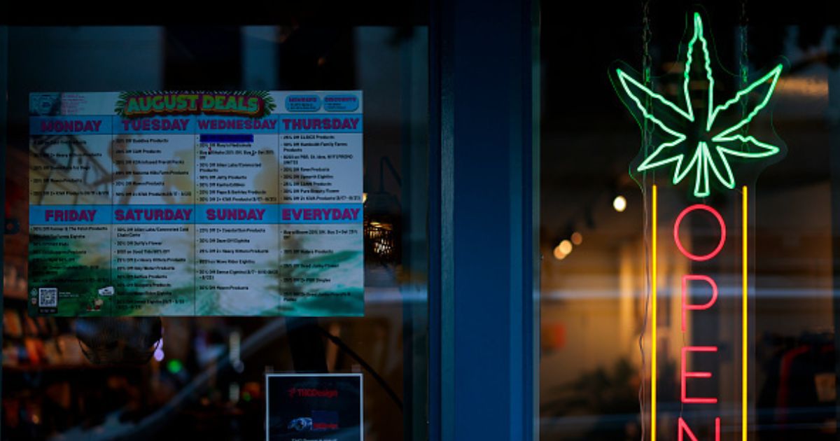 A marijuana store window is pictured from the street on August 5, 2026 in San Francisco, California.