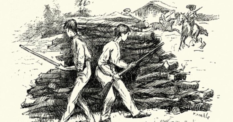 A vintage depiction of a scene from “The Adventures of Huckleberry Finn” is pictured.