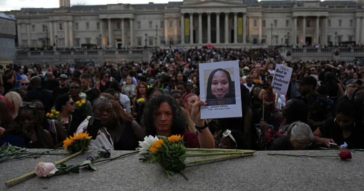 A crowd gathers in support of the late author and academic Jason Arday on August 14, 2026 at Trafalgar Square in central London.