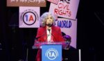 Jane Fonda speaks at a Rise Up, Sing Out concert on June 14, 2026 in New York City, New York.