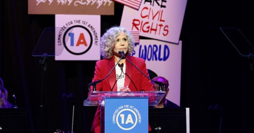 Jane Fonda speaks at a Rise Up, Sing Out concert on June 14, 2026 in New York City, New York.