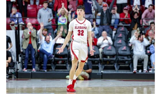 Kai Spears reacts after making a late-game three-point shot for the Alabama Crimson Tide against the Mississippi State Bulldogs at Coleman Coliseum on Feb. 3, 2024, in Tuscaloosa, Alabama.