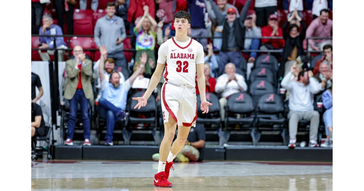 Kai Spears reacts after making a late-game three-point shot for the Alabama Crimson Tide against the Mississippi State Bulldogs at Coleman Coliseum on Feb. 3, 2024, in Tuscaloosa, Alabama.