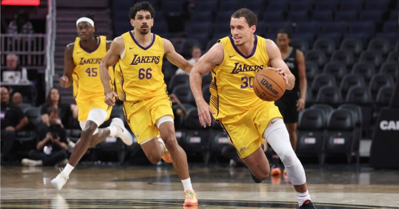 Chris Manon #30 of the Los Angeles Lakers dribbles the ball up court against the San Antonio Spurs at Chase Center on July 6 in San Francisco, California.
