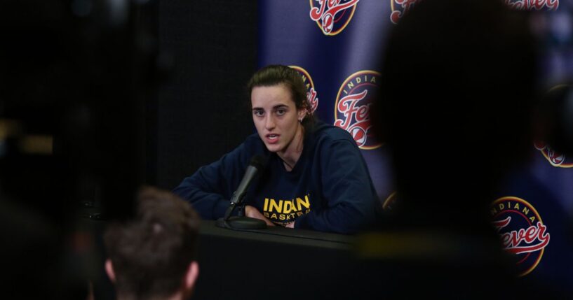 Indiana Fever guard Caitlin Clark answers questions at a media conference in Carver-Hawkeye Arena on March 4, 2025 in Iowa City, Iowa.