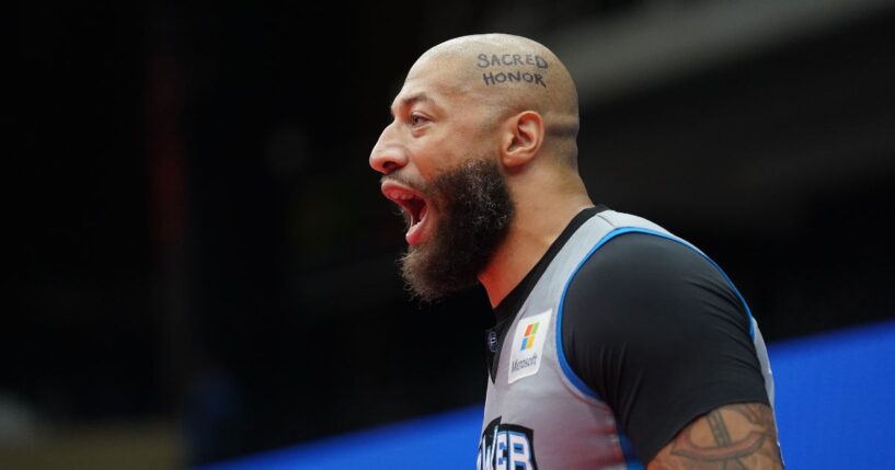 Royce White of the Power in the BIG3 basketball league celebrates during a game in Comerica Center in Frisco, Texas, August. 6, 2026.