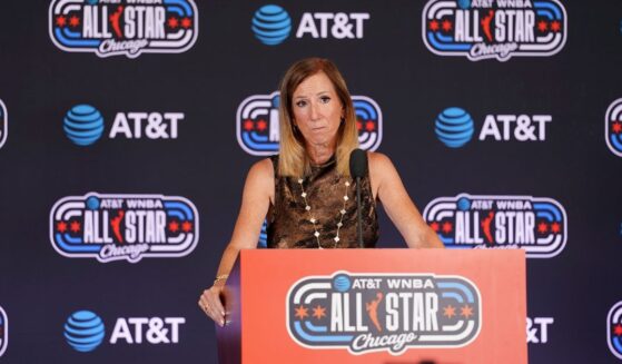 WNBA Commissioner Cathy Engelbert answers questions at a news conference in Chicago on July 25, 2026.