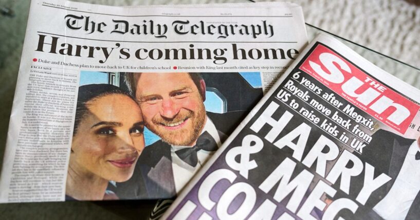 Editions of The Daily Telegraph and The Sun show that the Duke and Duchess of Sussex will move back to the United Kingdom on Aug. 20, 2026.