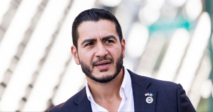 Michigan Democratic Senate candidate Abdul El-Sayed arrives to the Spirit of Detroit statue for a news conference in Detroit, Michigan, on Aug. 5, 2026.