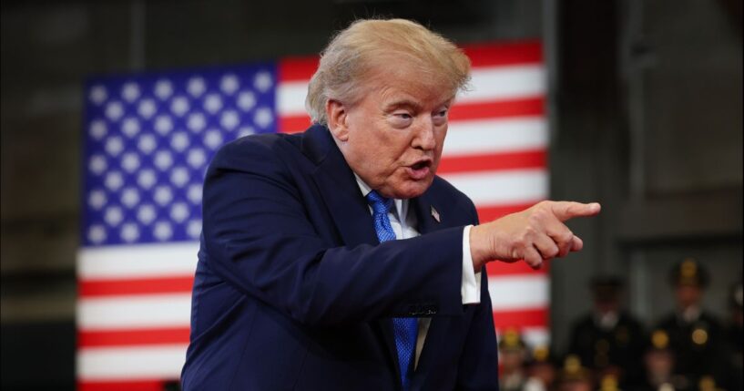 President Donald Trump speaks at the David S. Mack Center for Training and Intelligence on Aug. 14, 2026 in Garden City, New York.