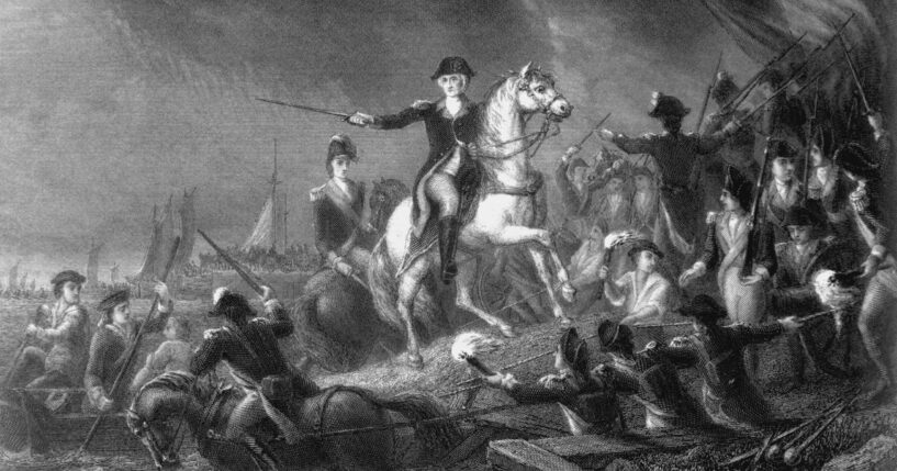 An illustration of George Washington directing a retreat at the battle of Long Island on Aug. 29, 1776.