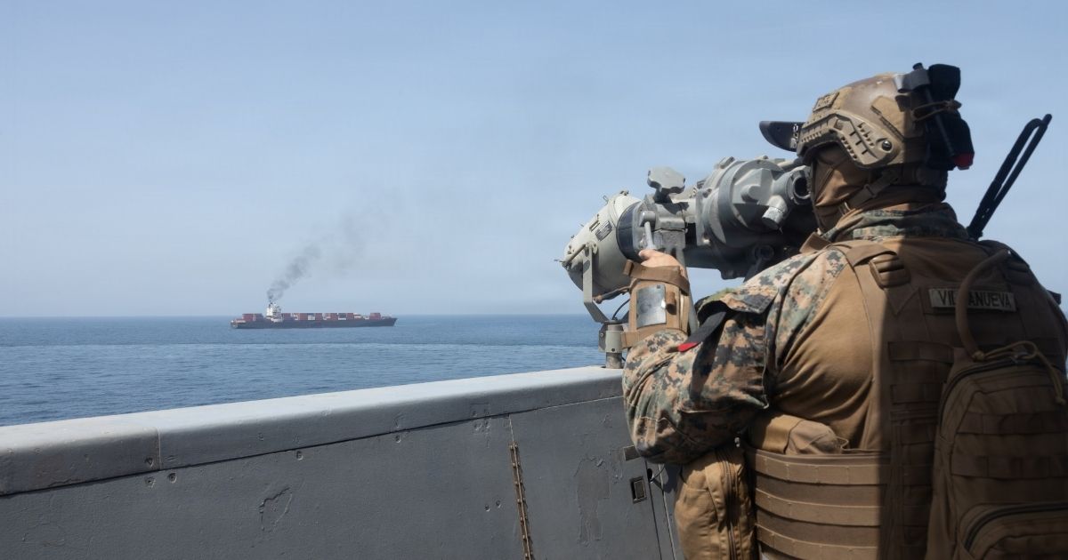 U.S. forces patrol near a naval blockade at the Strait of Hormuz on April 20, 2026.