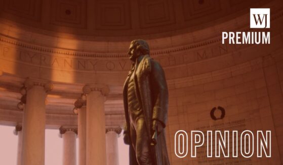 Rudulph Evans' statue of Thomas Jefferson, with excerpts of the Declaration of Independence seen behind, Thomas Jefferson Memorial, Washington, D.C., in March 1985.