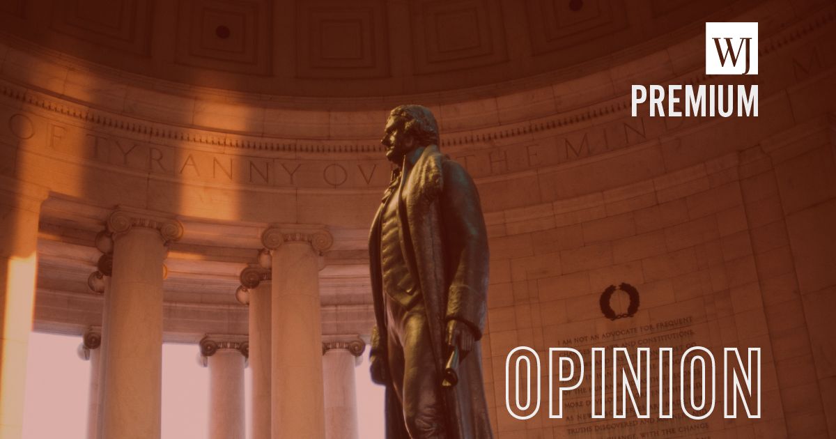 Rudulph Evans' statue of Thomas Jefferson, with excerpts of the Declaration of Independence seen behind, Thomas Jefferson Memorial, Washington, D.C., in March 1985.