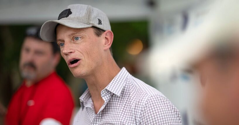 Rob Sand , who is the Democratic nominee for Iowa governor, speaks to the media at the Iowa State Fair Saturday in Des Moines, Iowa.