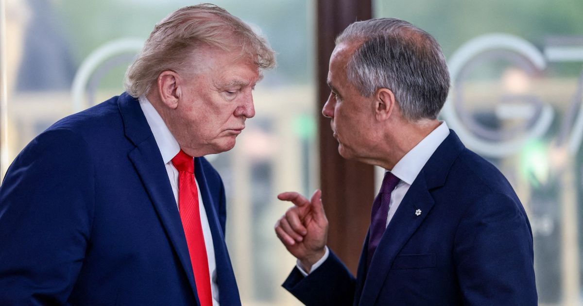 President Donald Trump is seen in a June 16 photo speaking with Canada's Prime Minister Mark Carney.