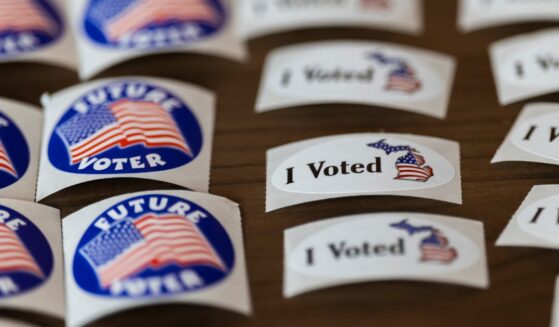 Voting stickers are displayed at a polling place in Michigan Tuesday.