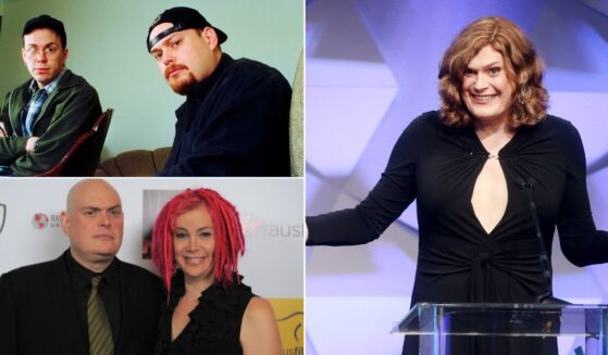 The Wachowskis, then known as brothers Andy and Larry, are pictured in 1999, top left, when "The Matrix" came out. They're seen in 2013, bottom left, after Larry declared he was transgender and took the name "Lana." At right, Andy also came out as transgender and adopted the name "Lilly" in 2016.