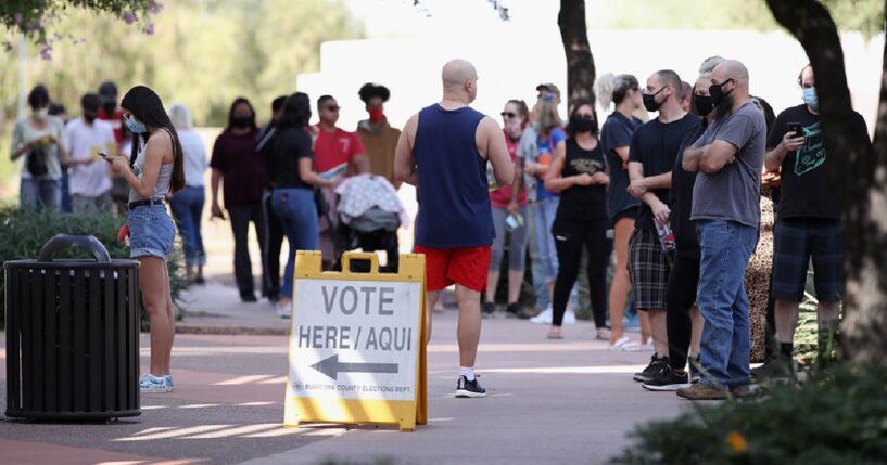 Voters wait in line at the Surprise Court House polling location in Maricopa County, Arizona, on Nov. 3, 2020.