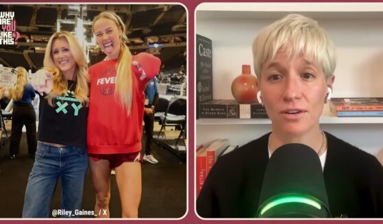 Former collegiate swimmer and activist Riley Gaines with Indiana Fever guard Sophie Cunningham, left; former women's soccer star Megan Rapinoe, right.