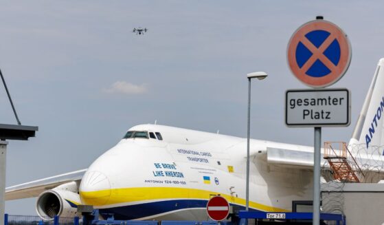 A police drone takes off next to Ukrainian Antonov cargo plane at Leipzig/Halle Airport on Aug. 5, 2026, near Leipzig, Germany.