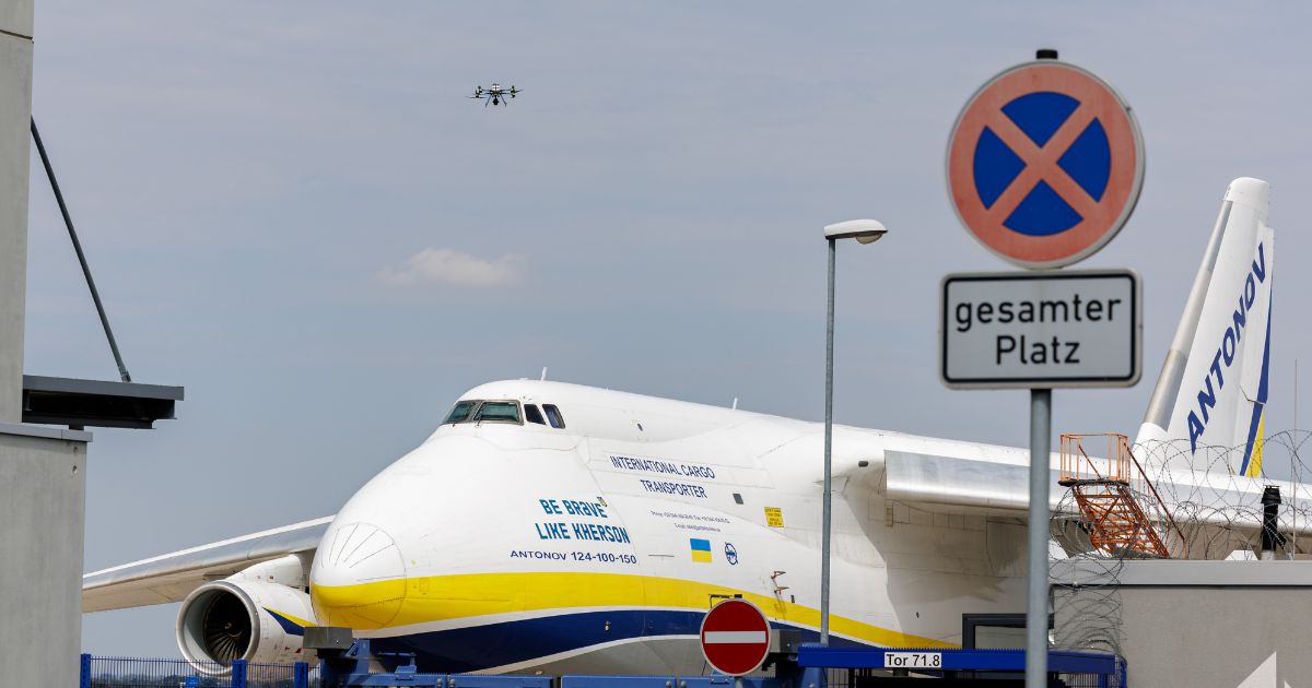 A police drone takes off next to Ukrainian Antonov cargo plane at Leipzig/Halle Airport on Aug. 5, 2026, near Leipzig, Germany.
