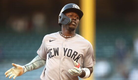 Jazz Chisholm Jr. of the New York Yankees reacts after hitting a solo homerun during the first inning of a game against the Los Angeles Angels at Angel Stadium of Anaheim on Sept. 1, 2026, in Anaheim, California.