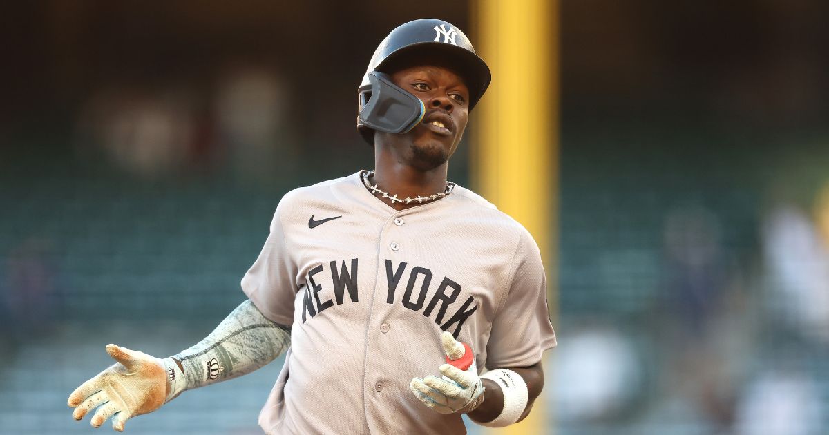 Jazz Chisholm Jr. of the New York Yankees reacts after hitting a solo homerun during the first inning of a game against the Los Angeles Angels at Angel Stadium of Anaheim on Sept. 1, 2026, in Anaheim, California.