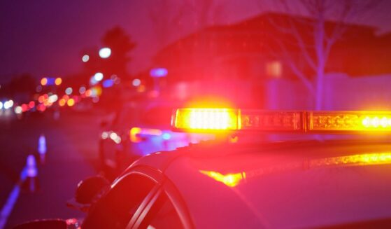 A police car at night alongside a road with emergency lights flashing.