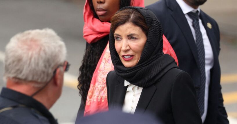 New York Gov. Kathy Hochul departs the funeral service for slain NYPD officer Didarul Islam in the Bronx borough of New York City on July 31, 2025.