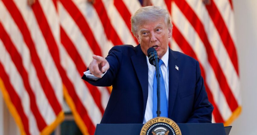 President Donald Trump speaks as he hosts a dinner in the Rose Garden at the White House on Sept. 2, 2026, in Washington, D.C.