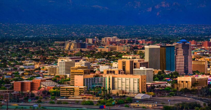 The skyline of Tucson, Arizona, at sunset.