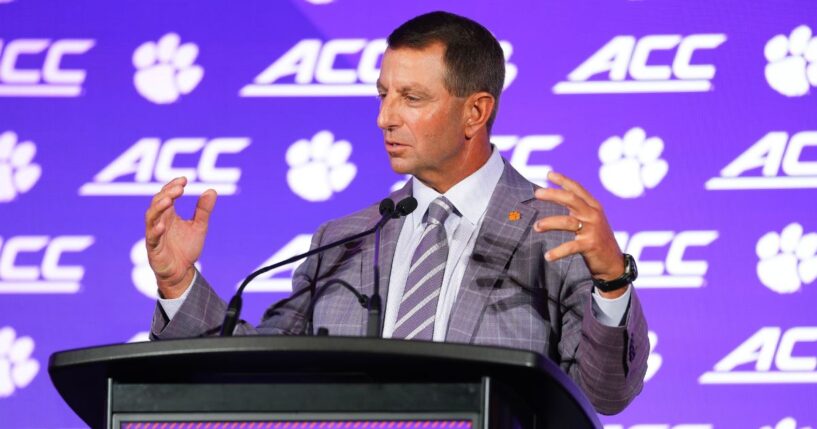 Head coach Dabo Swinney of the Clemson Tigers speaks during the ACC Kickoff media days at Hilton Charlotte Uptown on July 16, 2026, in Charlotte, North Carolina.
