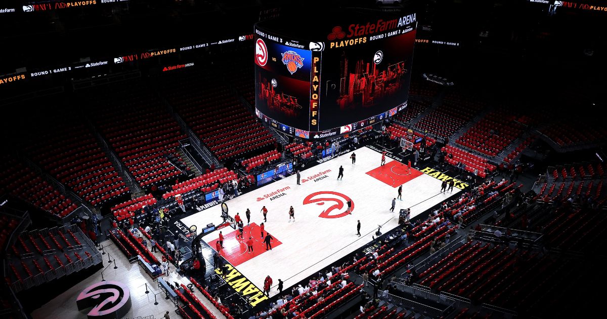 A general view of State Farm Arena prior to game three of the Eastern Conference first round playoffs between the Atlanta Hawks and the New York Knicks on April 23, 2026, in Atlanta, Georgia.