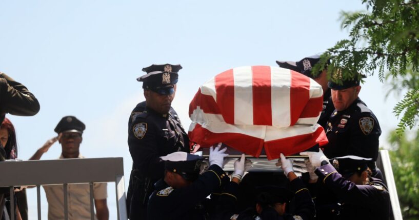The casket of Army Sgt. Angel Rampersad is brought out of the Calvary Assembly of God church during a funeral service for the soldier who was killed in action on July 17 at Muwaffaq Salti Air Base in Jordan on July 31, 2026, in the Queens borough of New York City.