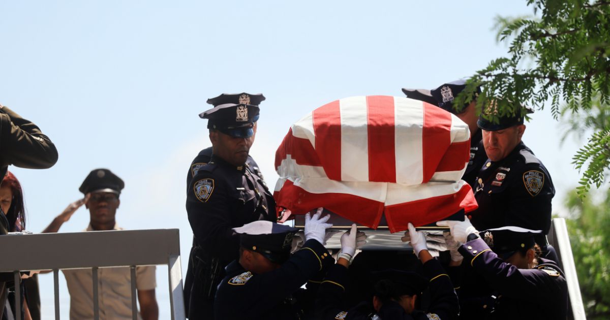 The casket of Army Sgt. Angel Rampersad is brought out of the Calvary Assembly of God church during a funeral service for the soldier who was killed in action on July 17 at Muwaffaq Salti Air Base in Jordan on July 31, 2026, in the Queens borough of New York City.