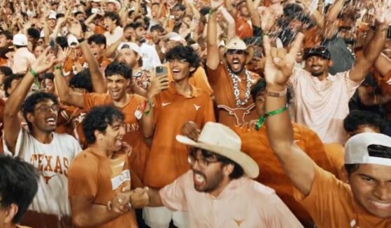 Texas students celebrate during the Texas Longhorns game in Austin, Texas, on Sept. 12, 2026.