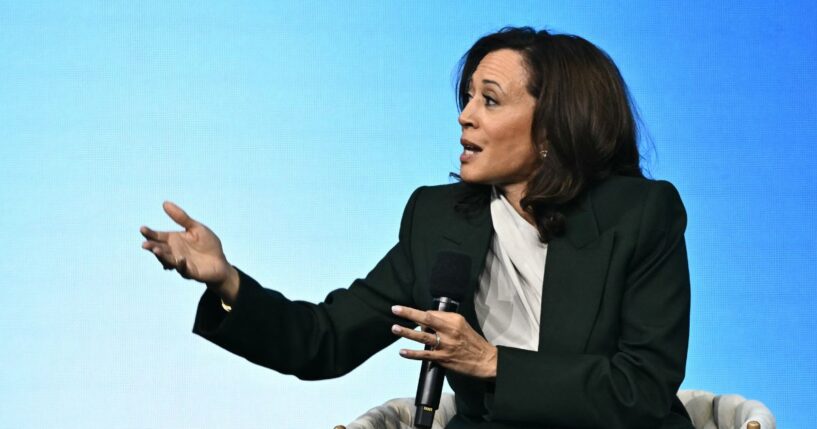 Former Vice President Kamala Harris talks during a panel discussion at the Austrian World Summit of the Schwarzenegger Climate Initiative on June 16, 2026, in Vienna, Austria.