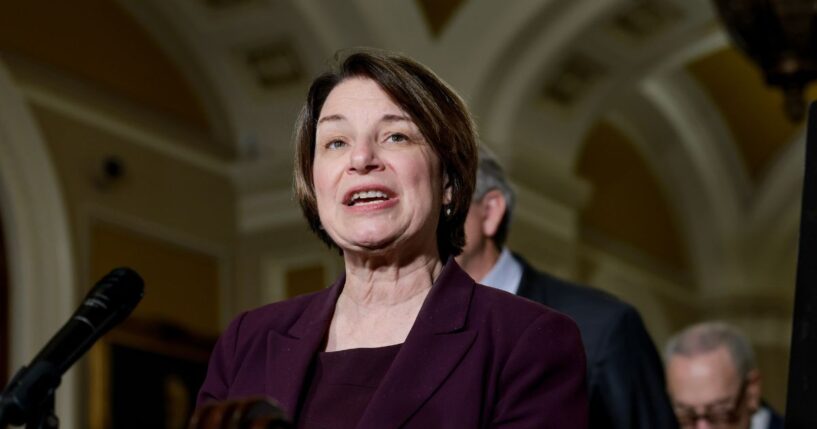 Sen. Amy Klobuchar speaks during a news conference following a weekly policy luncheon with Senate Democrats at the U.S. Capitol on May 19, 2026, in Washington, D.C.