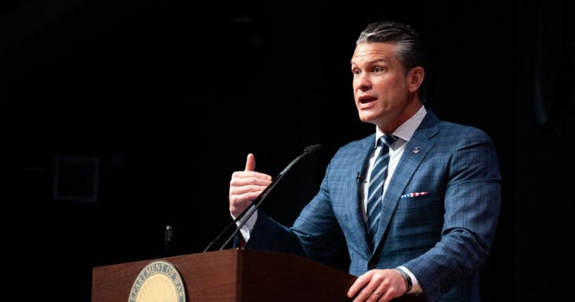 Secretary of War Pete Hegseth speaks during a Mexican Border Defense Medal Ceremony at the Pentagon in Washington, D.C., on July 27, 2026.