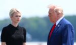 Secretary of War Pete Hegseth, executive assistant to President Donald Trump Natalie Harp, and President Donald Trump attend a dignified transfer at Dover Air Force Base on July 22, 2026, in Dover, Delaware.