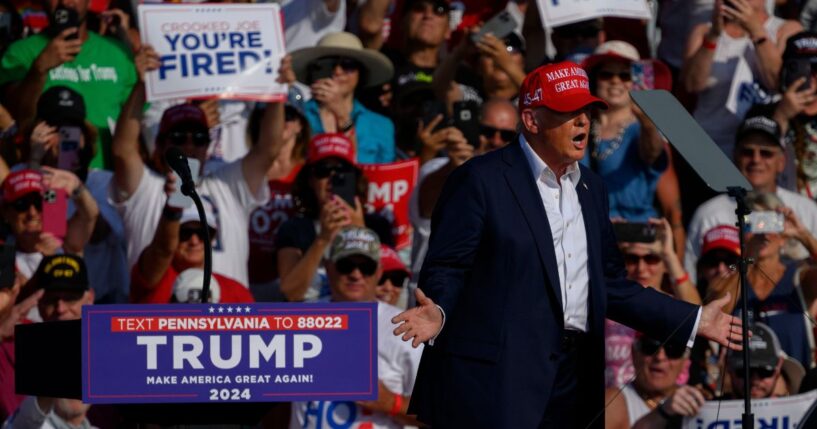 Republican presidential candidate, former President Donald Trump, speaks at a rally at Butler Farm Show Inc. on July 13, 2024, in Butler, Pennsylvania.