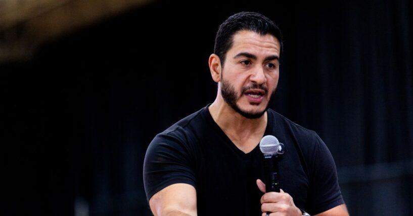 Democratic candidate for U.S. Senate Abdul El-Sayed answers questions from attendees during a town hall event, part of a series of events across Michigan focused on hearing from voters, on Sept. 3, 2026, at the Oakland Expo Center in Waterford, Michigan.