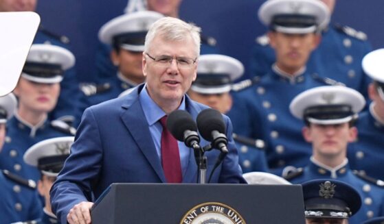 Secretary of the Air Force Troy Meink speaks during the 2026 graduation ceremony at the US Air Force Academy, in Colorado Springs, Colorado, on May 28, 2026.