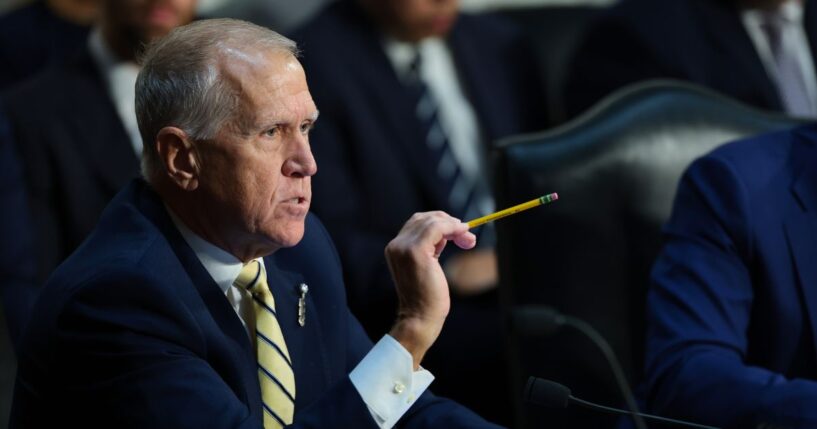 Sen. Thom Tillis speaks as members of the Senate Judiciary Committee gather to vote on the nomination of Todd Blanche to be U.S. Attorney General on Capitol Hill on Aug. 4, 2026, in Washington, D.C.