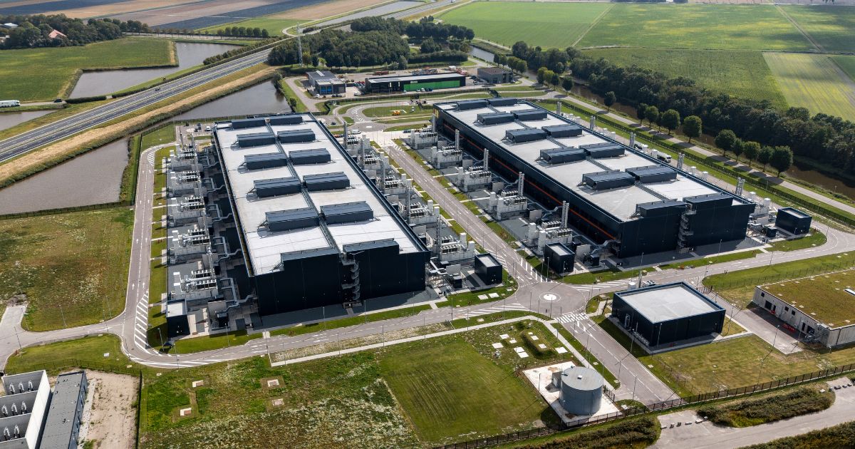 An aerial drone photo of Microsoft data centers in Middenmeer, Netherlands, surrounded by farmland, on Sept. 1, 2025.