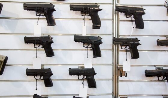 A gun wall rack with pistols.