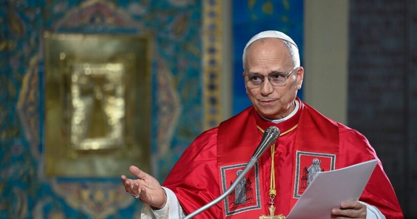 Pope Leo XIV meets with members of the community in Algiers at the Basilica of Our Lady of Africa on April 13, 2026, in Algiers, Algeria.