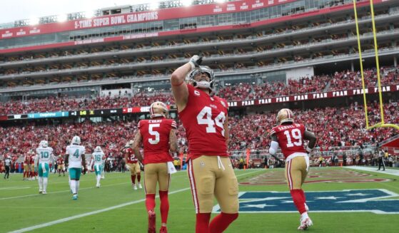 Kyle Juszczyk of the San Francisco 49ers celebrates after his receiving touchdown against the Miami Dolphins in the third quarter of a game at Levi's Stadium on Sept. 20, 2026, in Santa Clara, California.