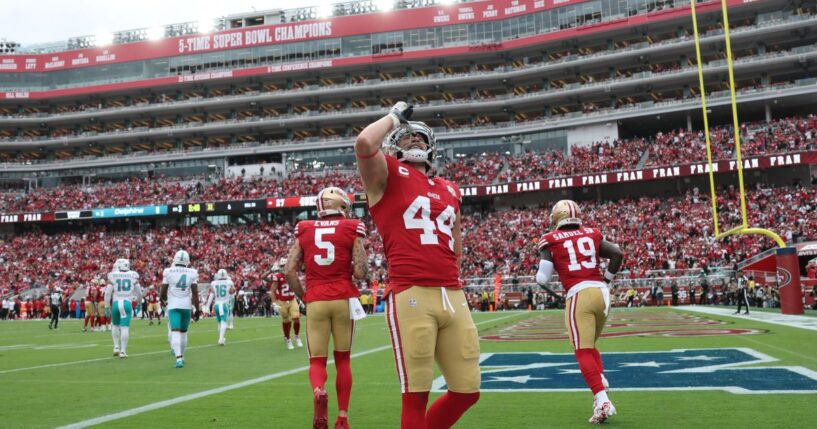 Kyle Juszczyk of the San Francisco 49ers celebrates after his receiving touchdown against the Miami Dolphins in the third quarter of a game at Levi's Stadium on Sept. 20, 2026, in Santa Clara, California.
